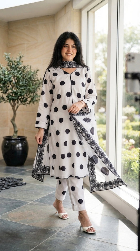 CHINA SILK WHITE BLACK POLKA (UNSTITCHED)