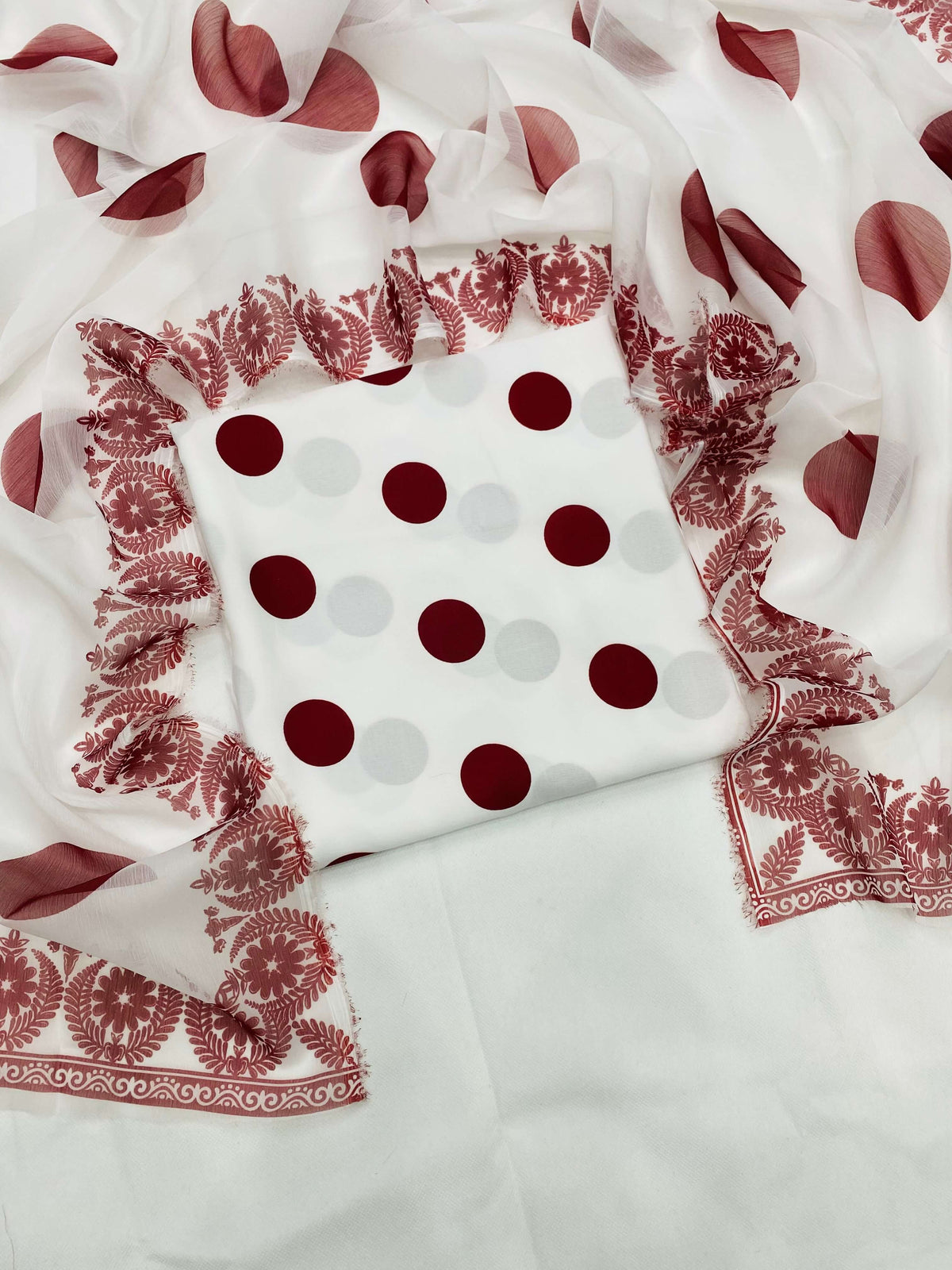SWISS LAWN WHITE MAHROON POLKA