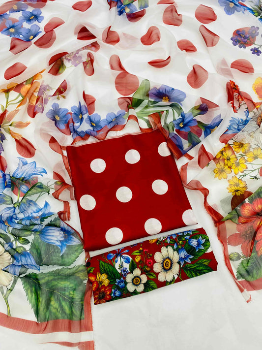 SWISS LAWN MB RED POLKA FLOWERS