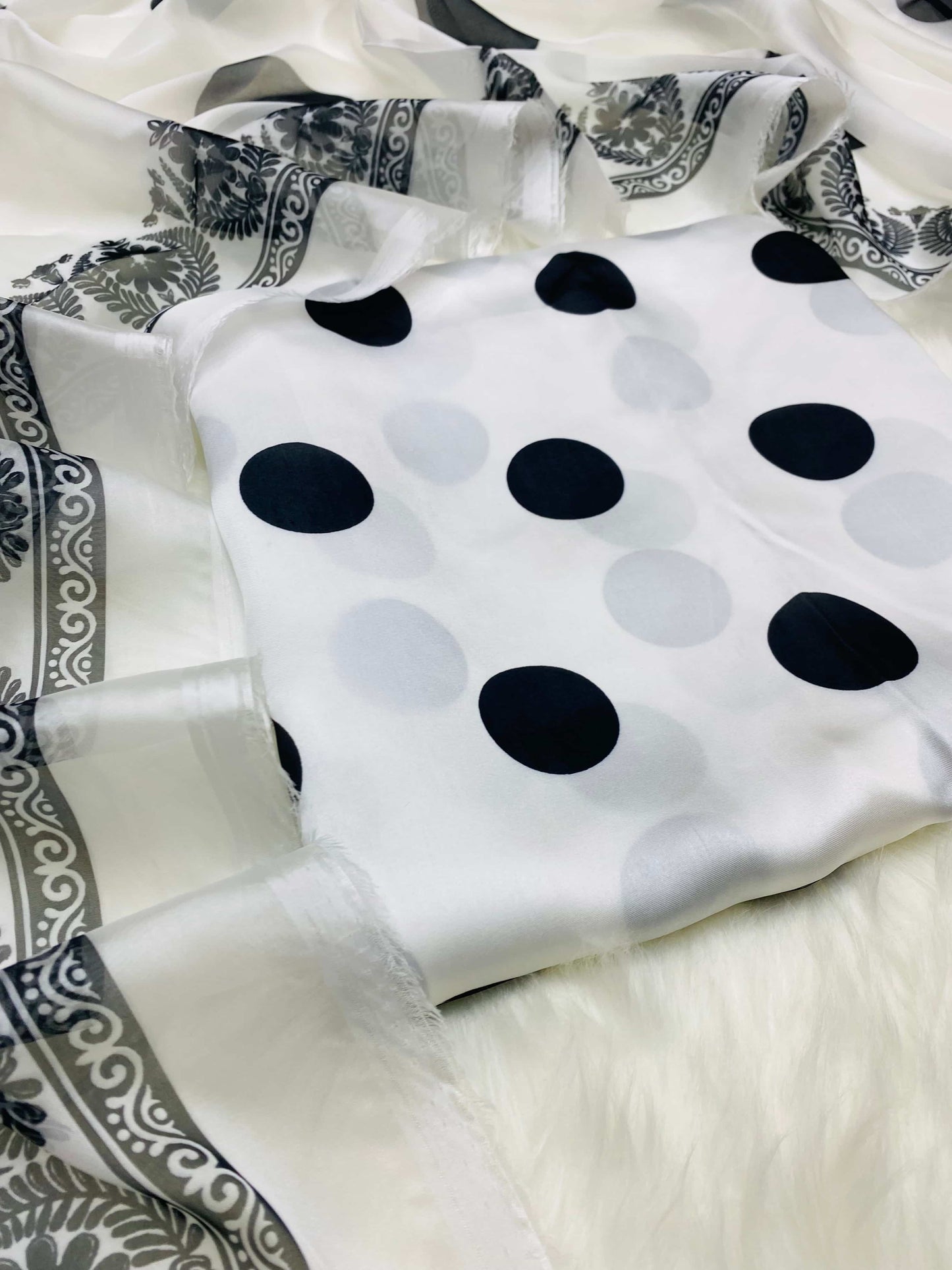 CHINA SILK WHITE BLACK POLKA