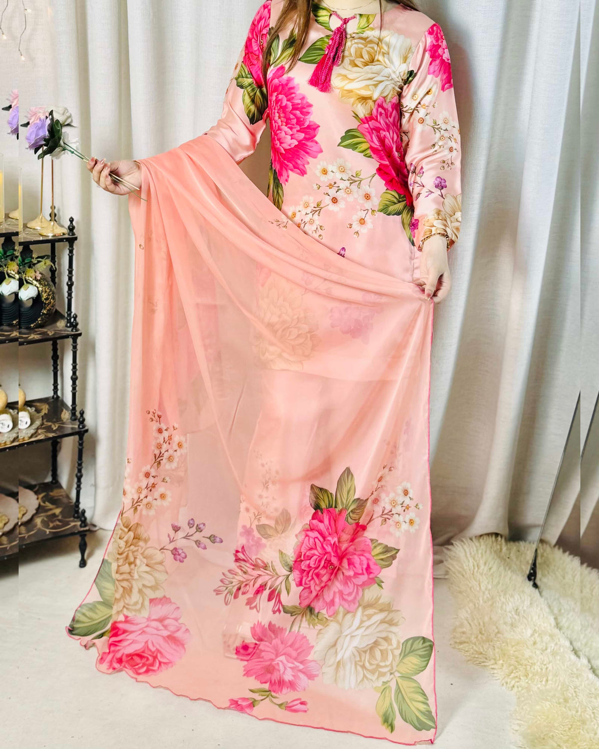 CHINA SILK ROSE PINK FLOWERS (UNSTITCHED)