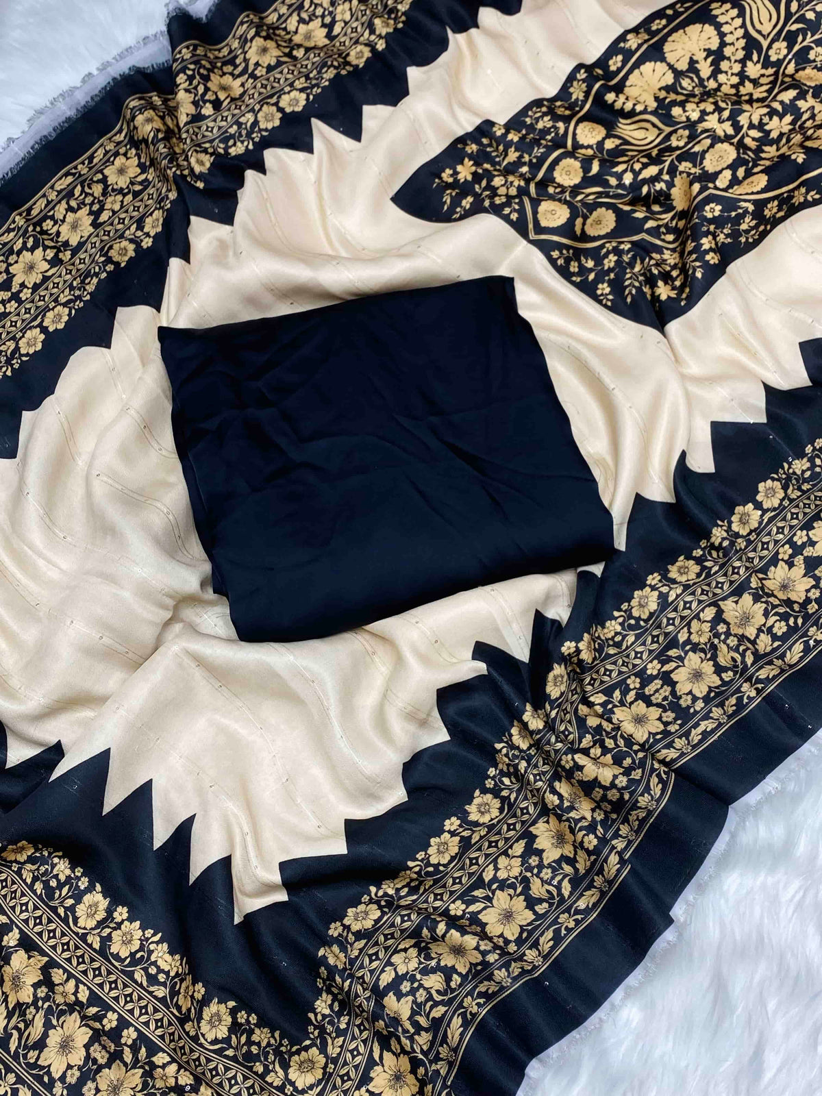 CHINA SILK WITH HERRINGBONE SHAWL BLACK GOLD