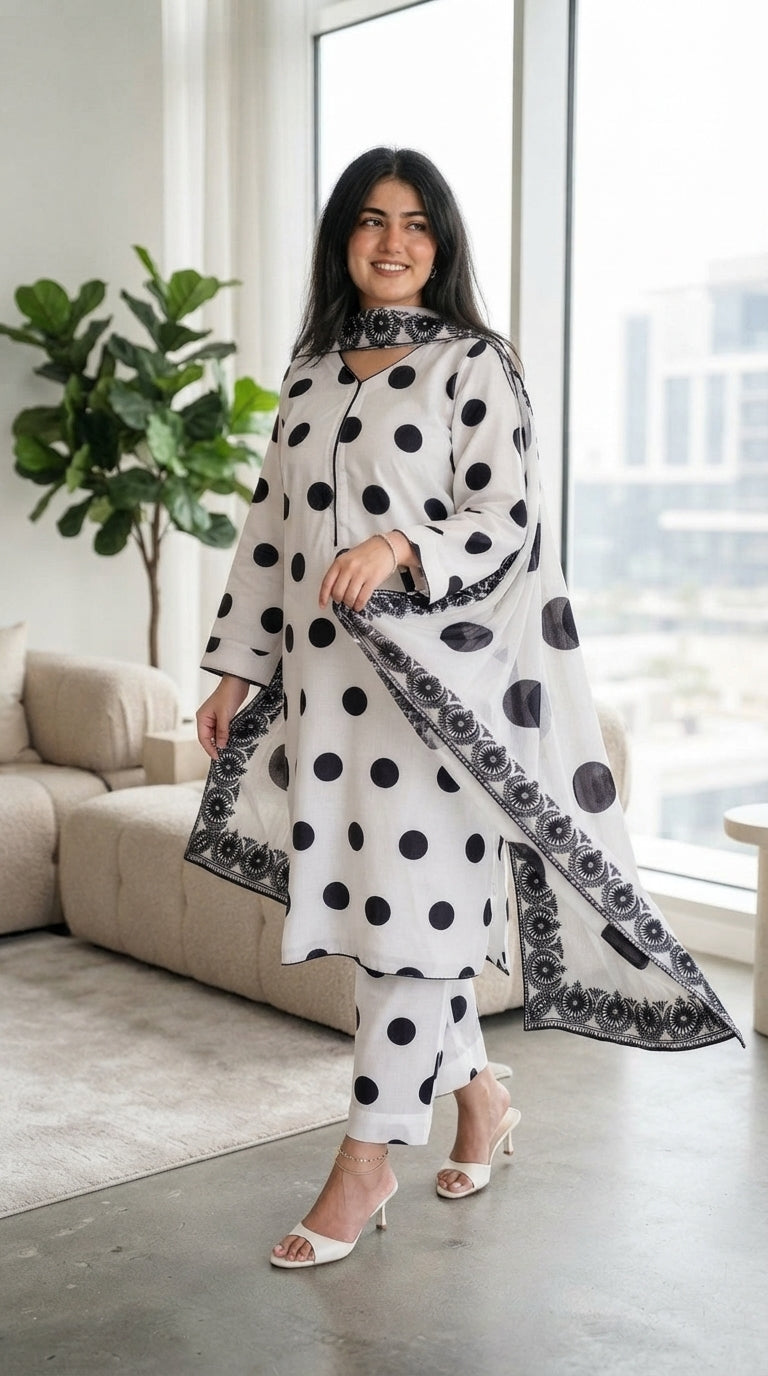 CHINA SILK WHITE BLACK POLKA