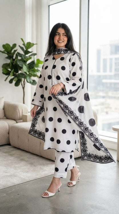 CHINA SILK WHITE BLACK POLKA