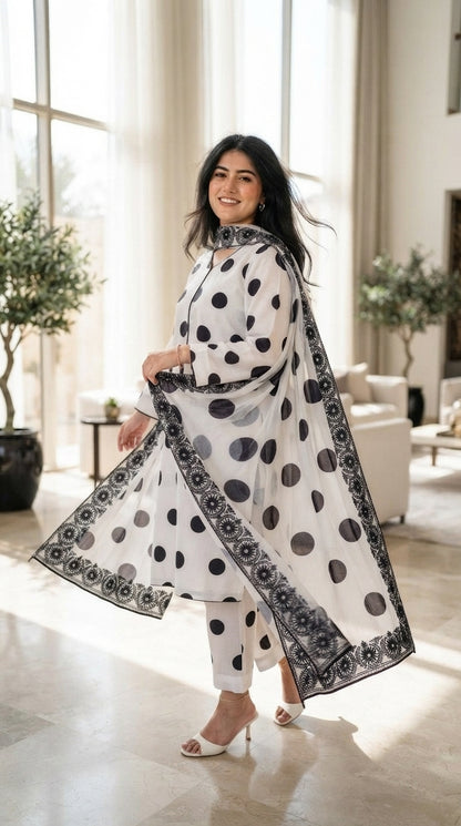 CHINA SILK WHITE BLACK POLKA