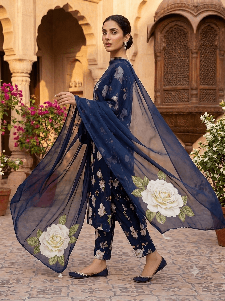 SWISS LAWN NAVY BLUE FLOWERS