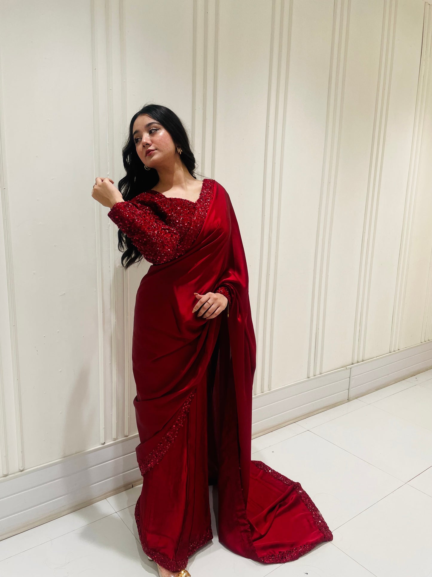 MAHROON SEQUENCE SILK SAREE (UNSTICHED)