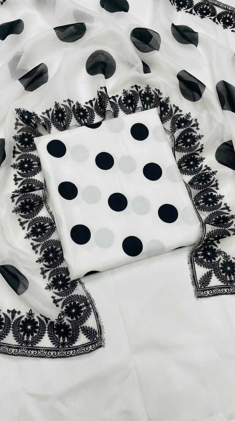 CHINA SILK WHITE BLACK POLKA
