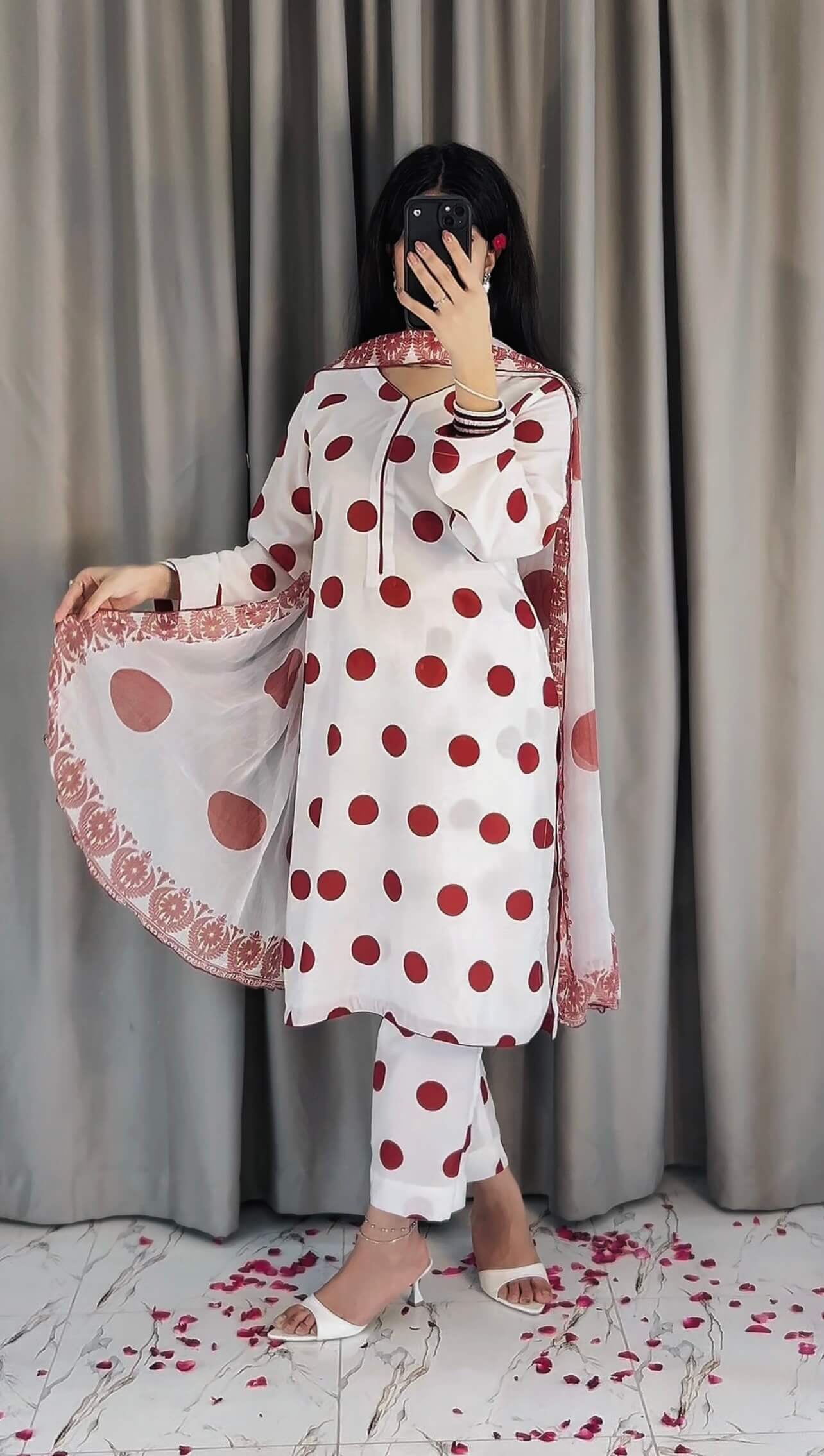 SWISS LAWN WHITE MAHROON POLKA (UNSTITCHED)