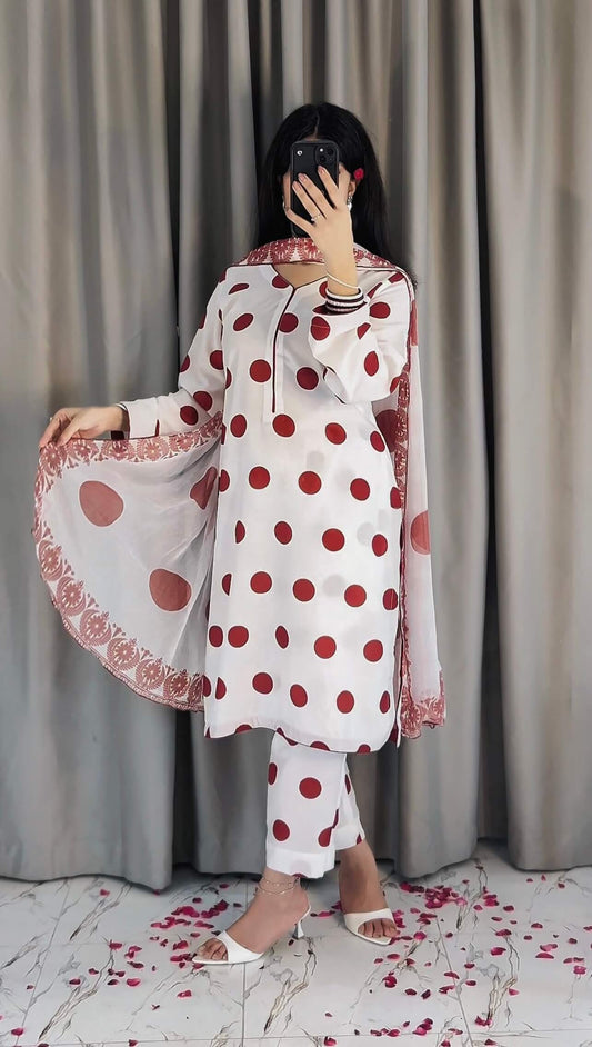 SWISS LAWN WHITE MAHROON POLKA (UNSTITCHED)