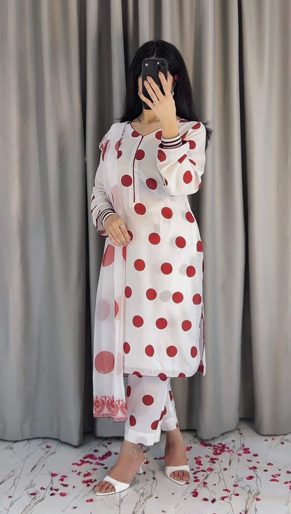 SWISS LAWN WHITE MAHROON POLKA (UNSTITCHED)