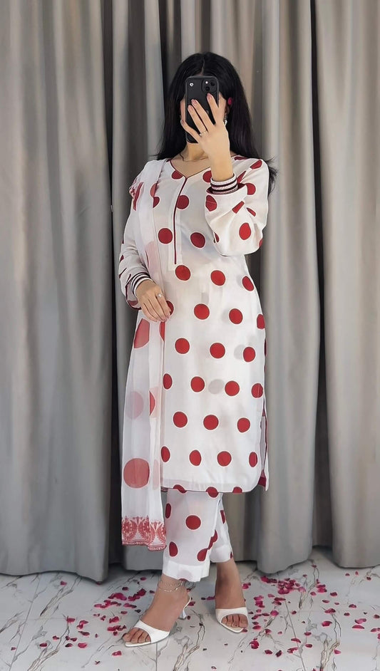 SWISS LAWN WHITE MAHROON POLKA (UNSTITCHED)