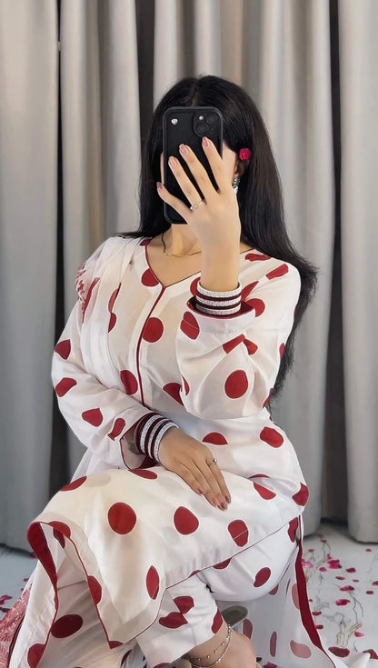 SWISS LAWN WHITE MAHROON POLKA (UNSTITCHED)
