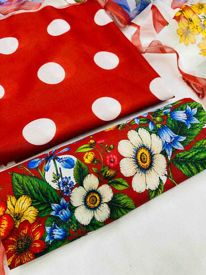 SWISS LAWN MB RED POLKA FLOWERS