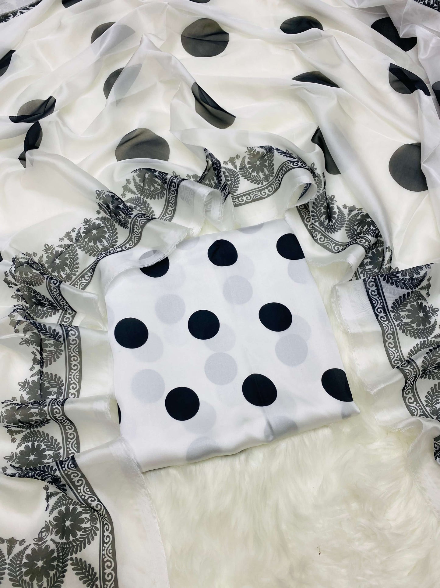 CHINA SILK WHITE BLACK POLKA