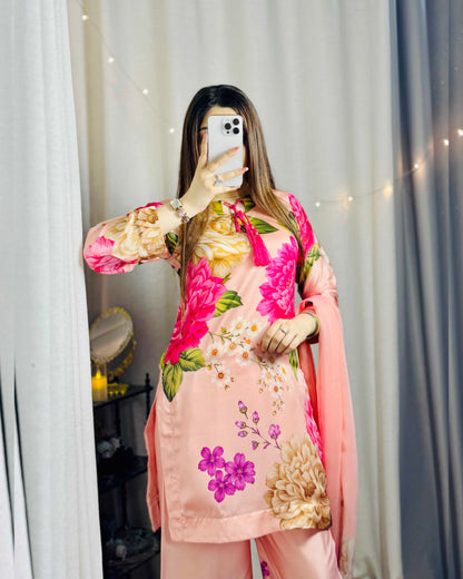 CHINA SILK ROSE PINK FLOWERS (UNSTITCHED)