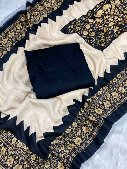 CHINA SILK WITH HERRINGBONE SHAWL BLACK GOLD