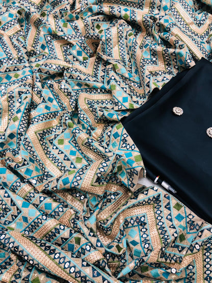 CHINA SILK BLACK WITH ZIGZAG KHADDAR SHAWL