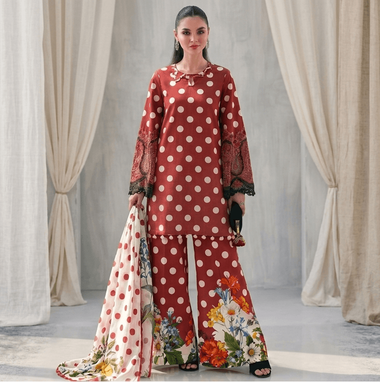 Woman in a red and white polka dot outfit with floral pants standing in front of draped curtains.