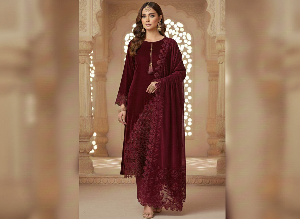 MAHROON VELVET CUTWORK