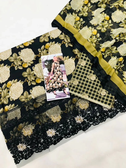 BLACK DIGITAL PRINTED LAWN - SR FABRICS