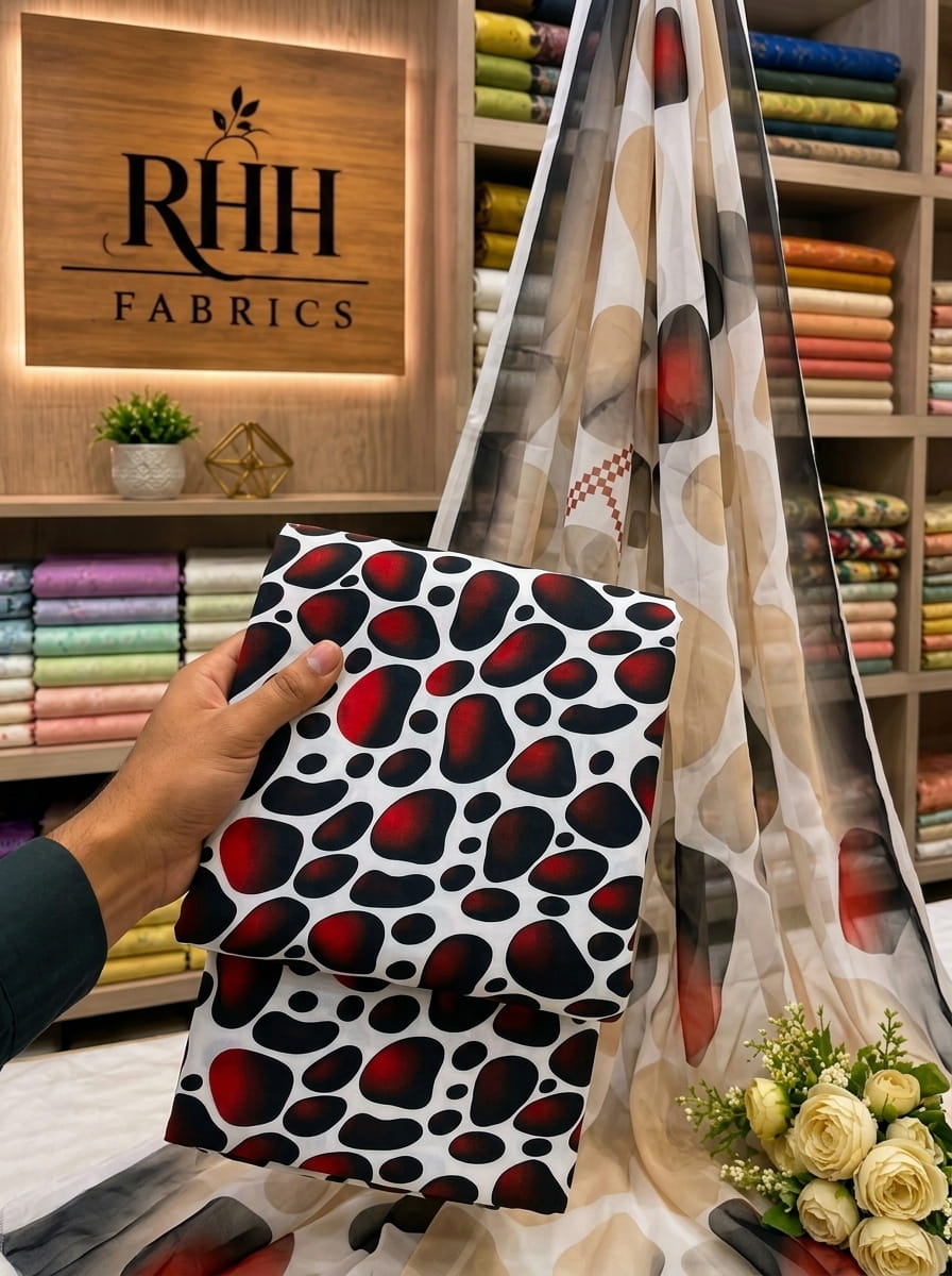 CHINA SILK BLACK RED STONES