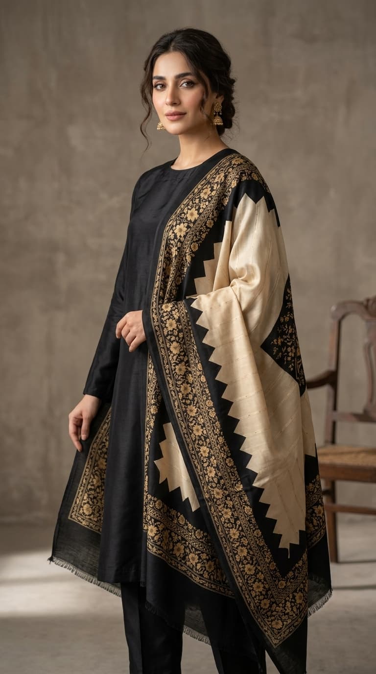 CHINA SILK WITH HERRINGBONE SHAWL BLACK GOLD