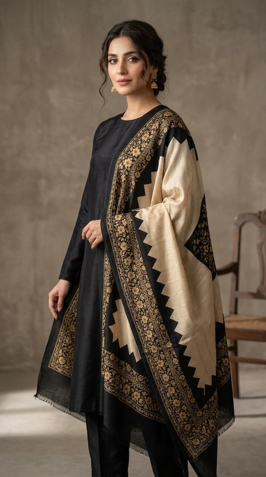 CHINA SILK WITH HERRINGBONE SHAWL BLACK GOLD