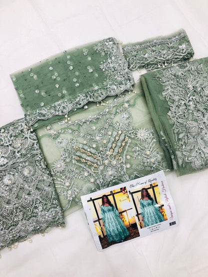MADIHA OLIVE GREEN NET MAKSI - SR FABRICS