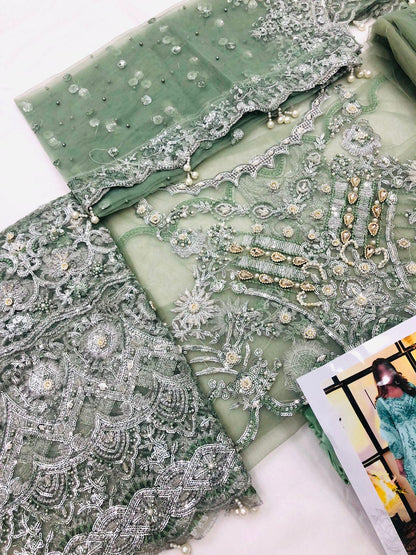 MADIHA OLIVE GREEN NET MAKSI - SR FABRICS