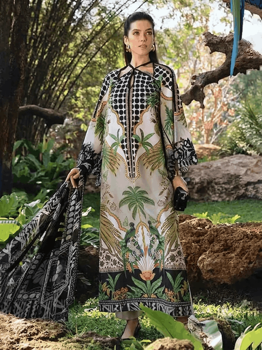 MB BLACK GREEN LEAVES PRINTED LAWN