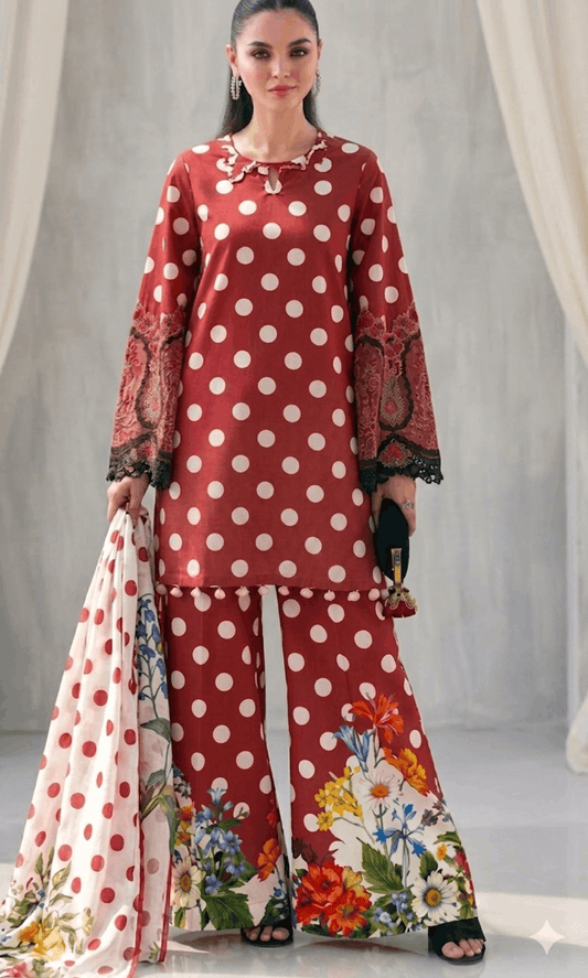 SWISS LAWN MB RED POLKA FLOWERS