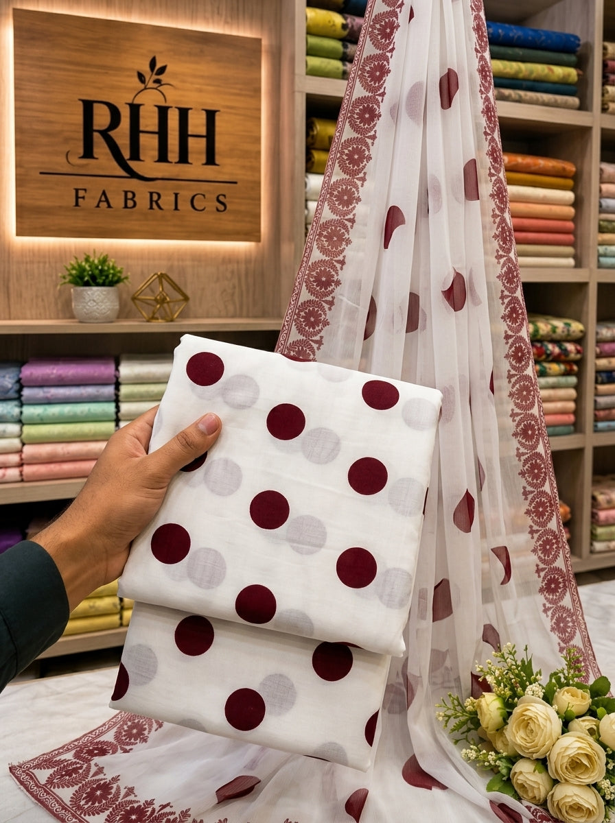 SWISS LAWN WHITE MAHROON POLKA