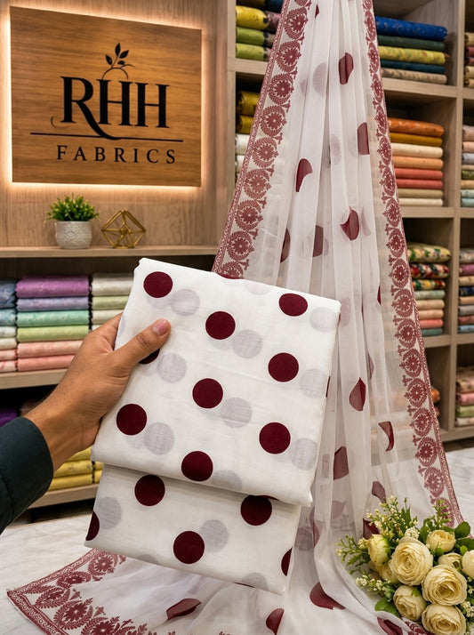 SWISS LAWN WHITE MAHROON POLKA